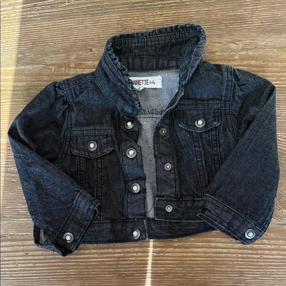 Nanette Baby black denim Jean Jacket ruffle collar snaps up